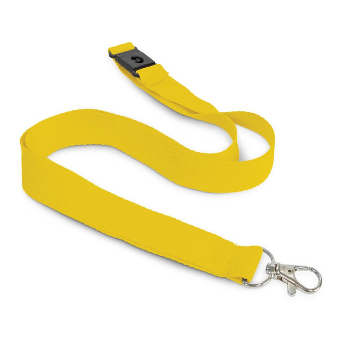 A yellow cotton lanyard with a clips attachment and an adjustable buckle.