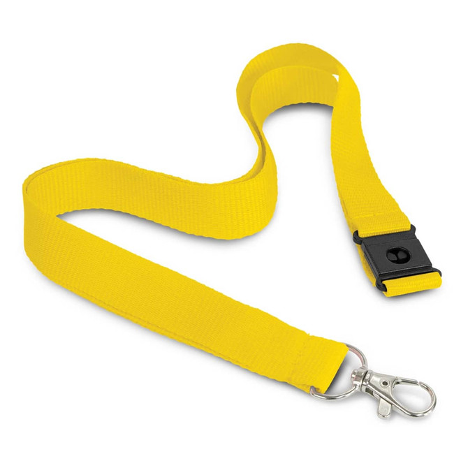 A yellow 3D logo lanyard with a clip for attaching items, featuring a sleek and smooth design.