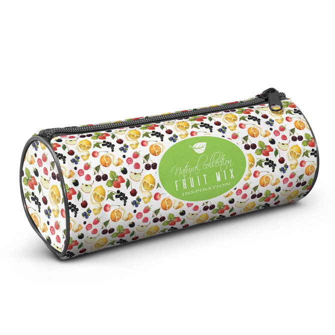 A round pencil case featuring a vibrant fruit mix design in various colours, with a zip closure and a logo.