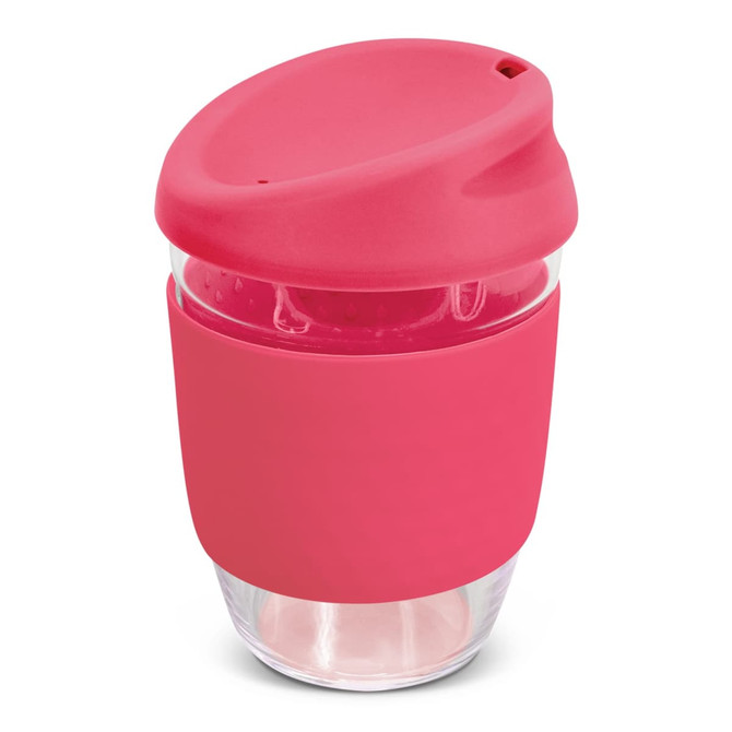 A drink bottle featuring a clear borosilicate glass body with a pink silicone sleeve and lid.