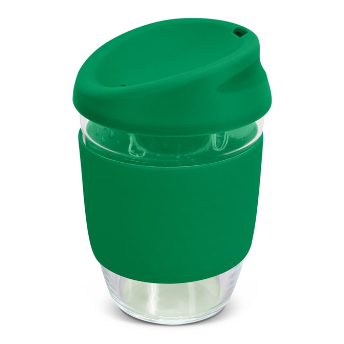 A drink bottle featuring a green silicone lid and sleeve, with a clear borosilicate glass body.