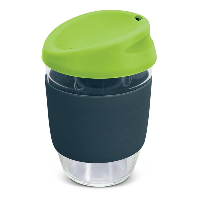 A drink bottle made from borosilicate glass, featuring a green silicone lid and navy blue sleeve.