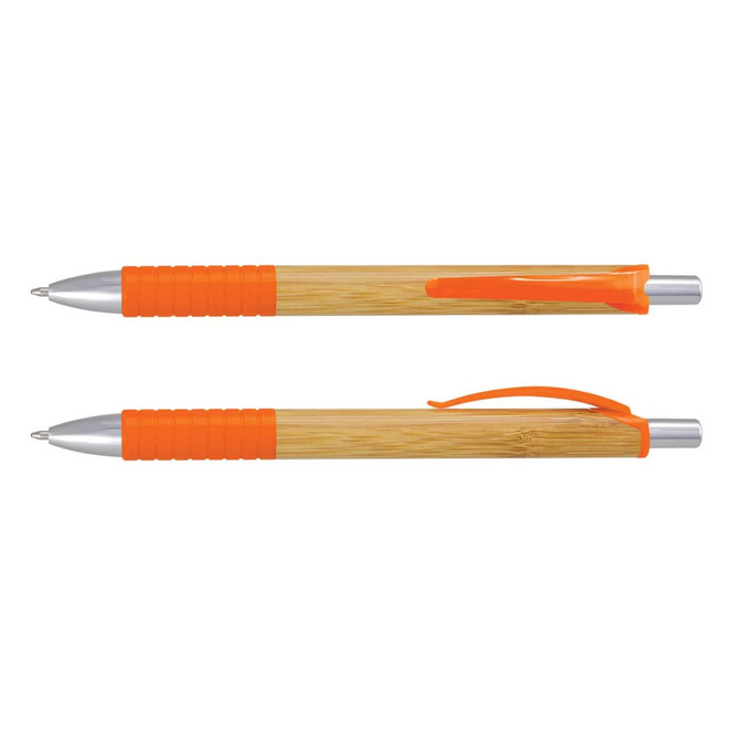 A bamboo pen with silver and bright orange accents, featuring a textured grip and a clip. The pen has a logo.