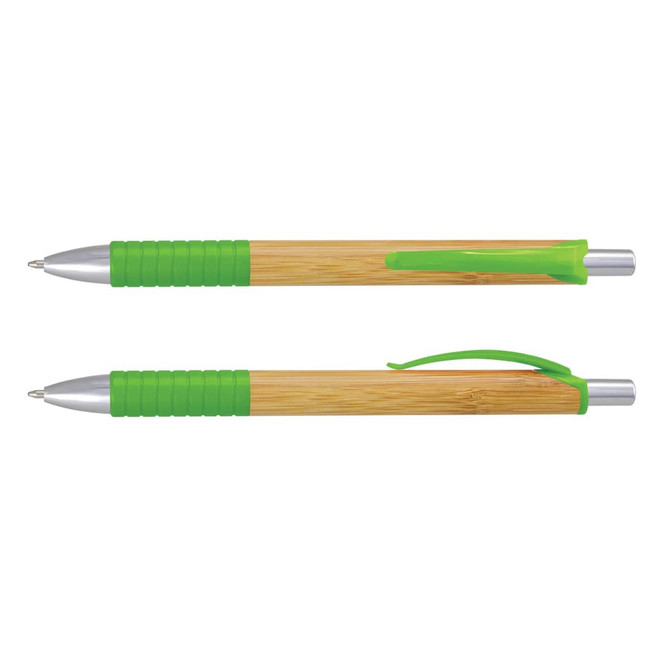 A bamboo pen with silver accents and bright green grip and clip sections. The pen features a logo.