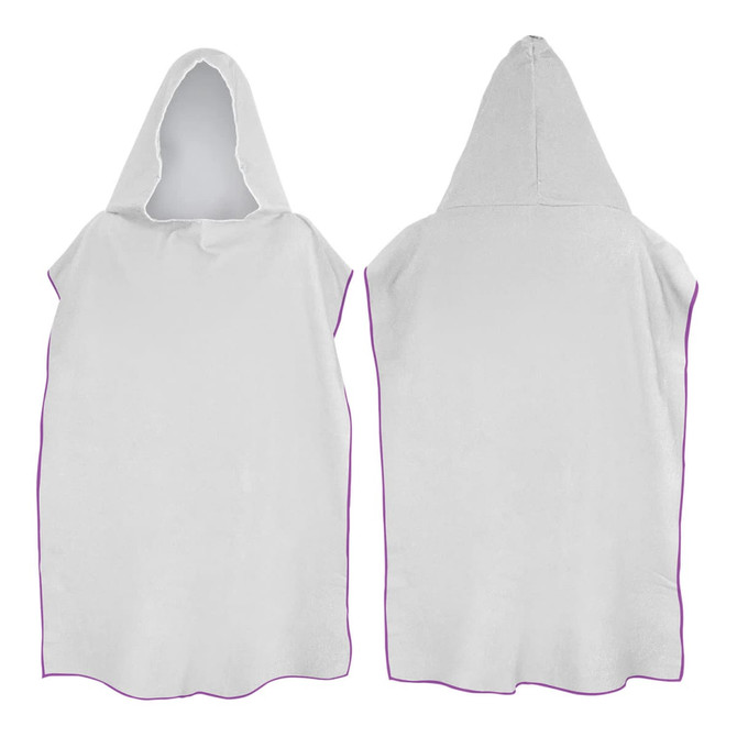 A white adult hooded towel features a purple trim. It has a cape-like design with a hood.