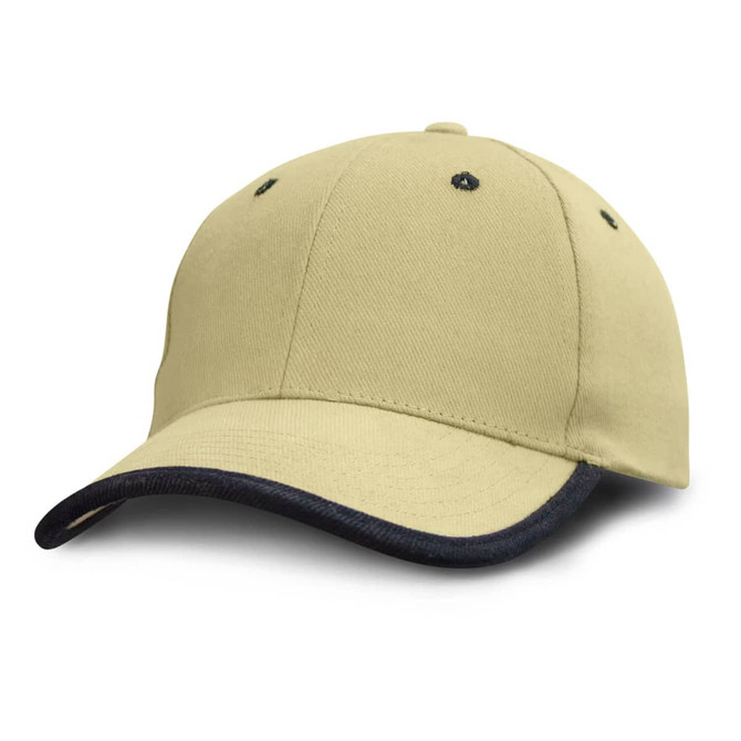 A khaki cap with a dark navy peak, featuring stitched panels and a logo on the front.