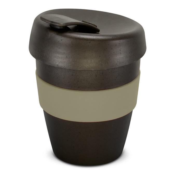 A drink bottle featuring a dark brown body with a beige silicone band and a lid. It has a logo on one side.