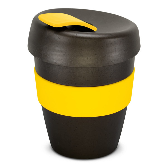 A drink bottle in black with a yellow band and lid, featuring a curved design and a logo.
