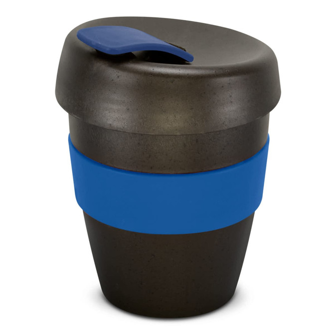 A drink bottle in black with a blue silicone band and lid. It has a rounded design and a logo.