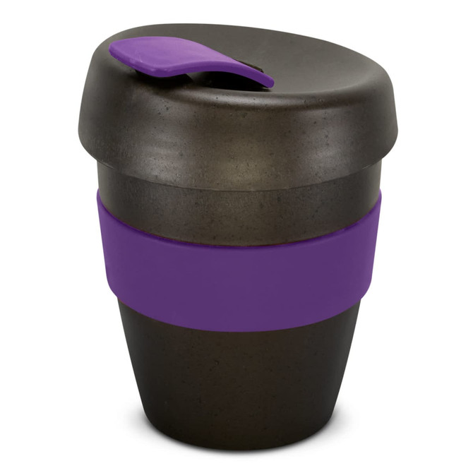 A drink bottle in black with a purple band and lid, featuring a curved design and a logo.