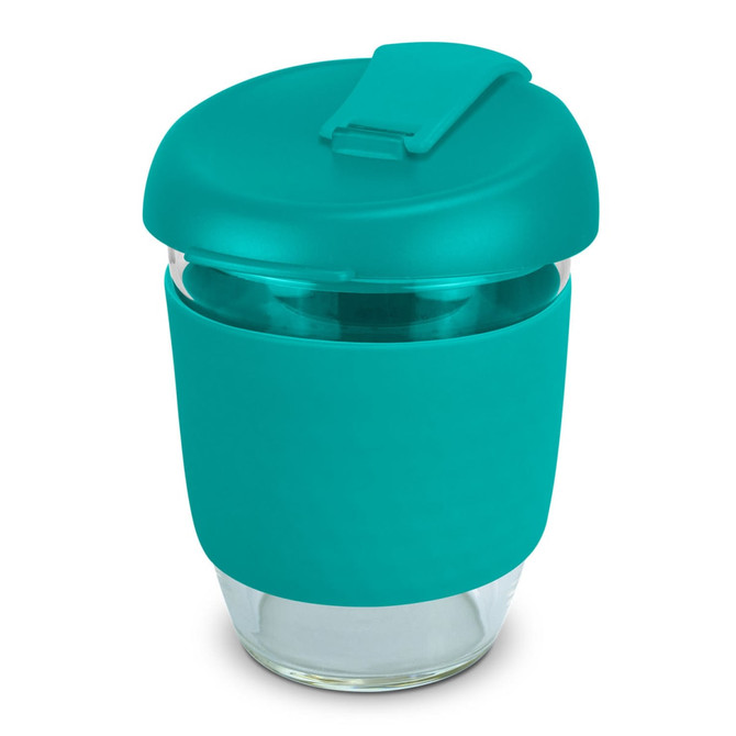 A drink bottle featuring a teal silicone sleeve and lid, with a clear borosilicate glass body.