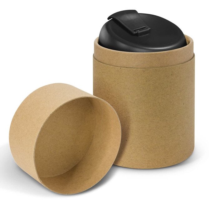 A drink bottle made of borosilicate glass, 350ml, with a black lid, displayed in a cylindrical brown cardboard packaging.