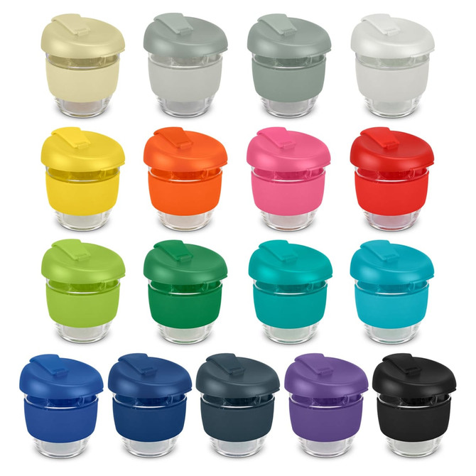 A drink bottle collection featuring various colours, including grey, yellow, orange, pink, blue, and black, with a lid.