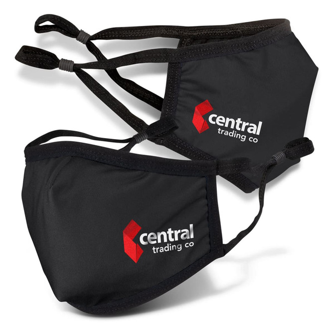 Two black reusable cotton face masks with adjustable ear loops, featuring a logo.