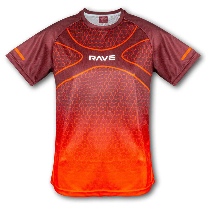 A men's performance t-shirt in shades of brown and orange, featuring a honeycomb pattern and a logo.