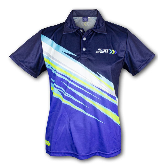 A navy blue men's sports polo featuring a dynamic blue and green design, with a logo on the front.