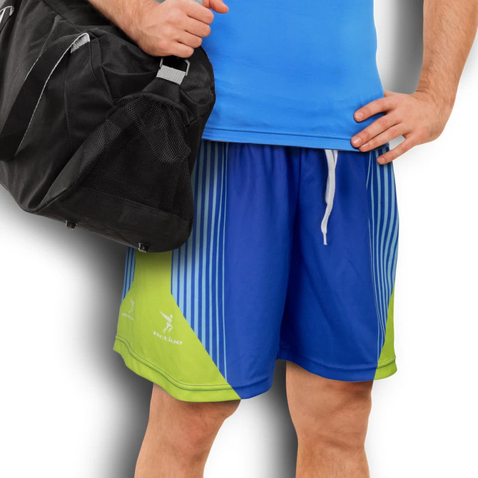 Custom men's sports shorts in blue and green, featuring a logo, paired with a black sports bag.
