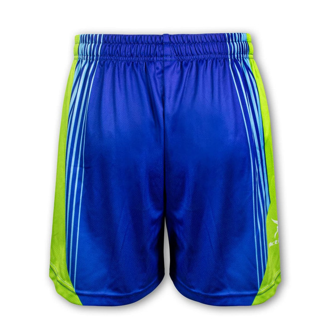 Custom men’s sports shorts in royal blue and vibrant green, featuring an elastic waistband and a logo.