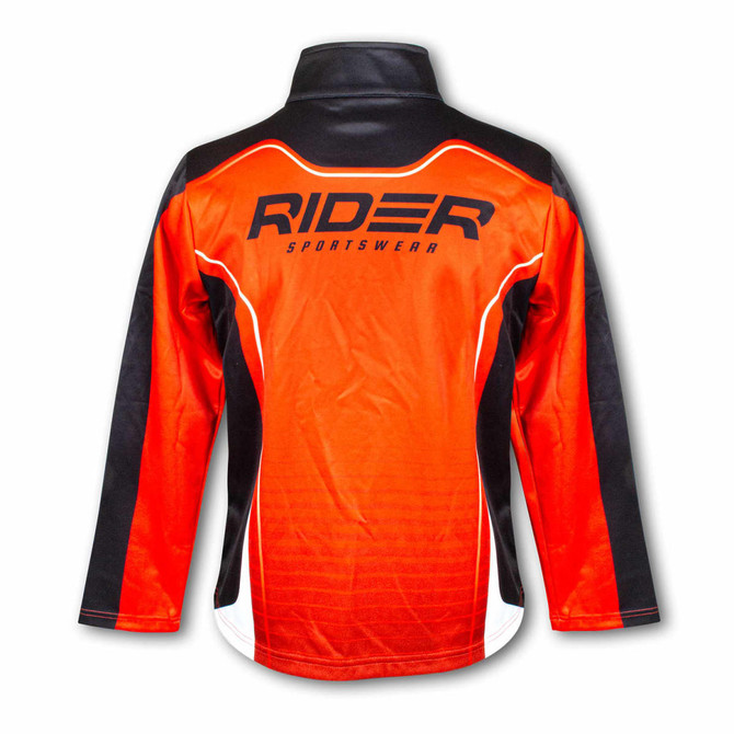 A women's sports jacket in vibrant orange, black, and white featuring a logo on the back.