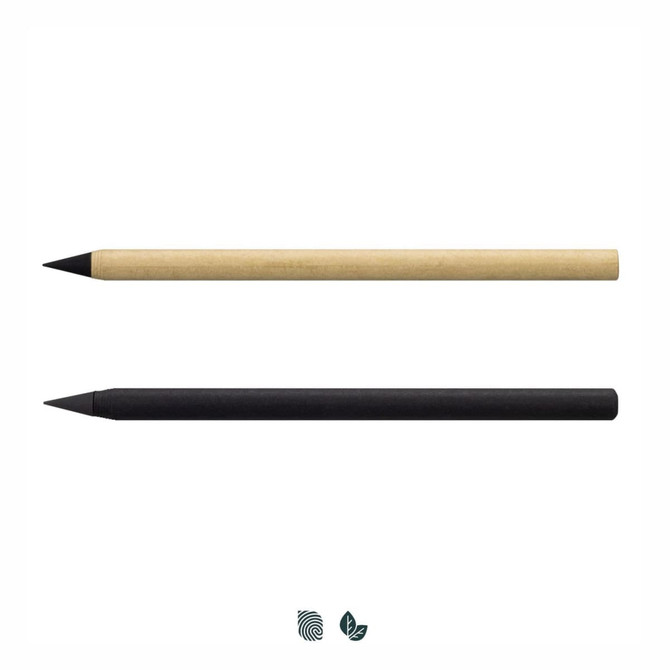 Two inkless pens, one in natural kraft and the other in black, displayed side by side with a logo below.