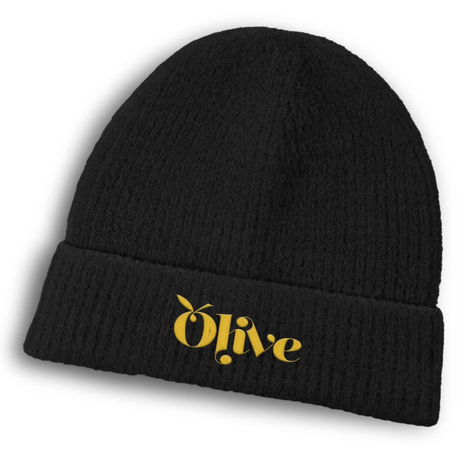 A black beanie with a ribbed texture and a gold logo on the front.