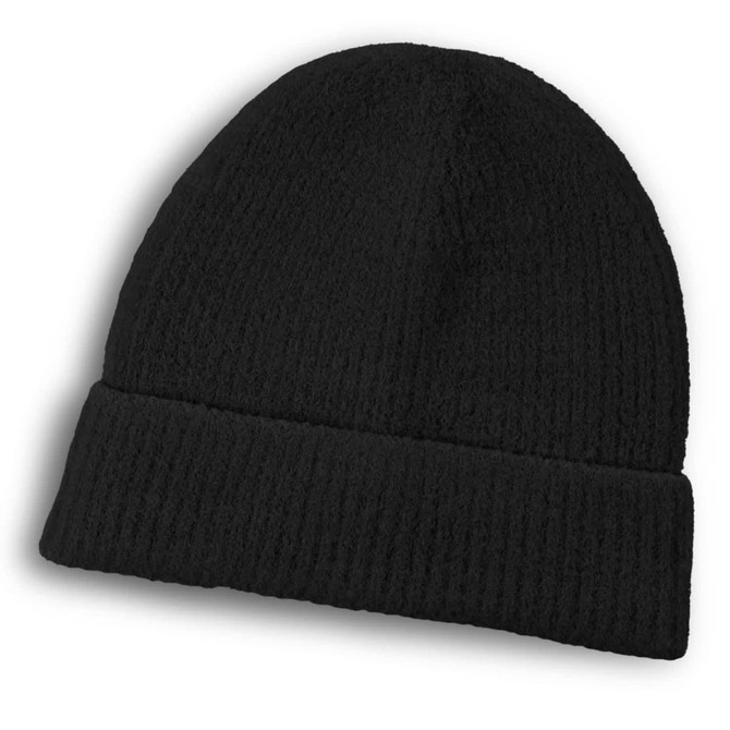 A black brushed kids beanie with a folded cuff, featuring a textured design and a logo.