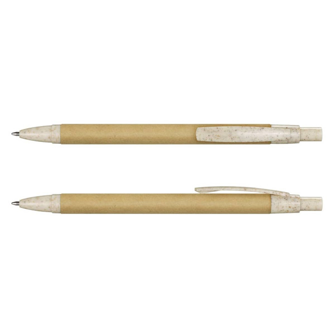 A kraft pen with a biodegradable body and a white plastic tip and clip. It features a logo on the pen body.