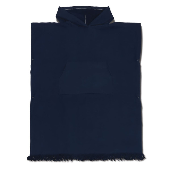 A navy hooded towel featuring a front pocket and fringed edges, with a logo on the fabric.
