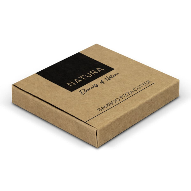 A brown kraft box containing a bamboo pizza cutter, featuring a logo on the top.
