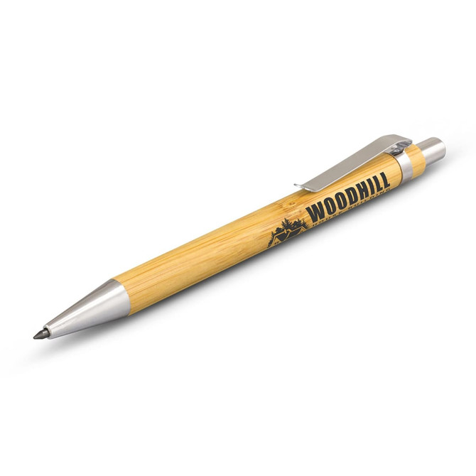 A bamboo inkless pen with a metal tip and clip, featuring a logo on the barrel.