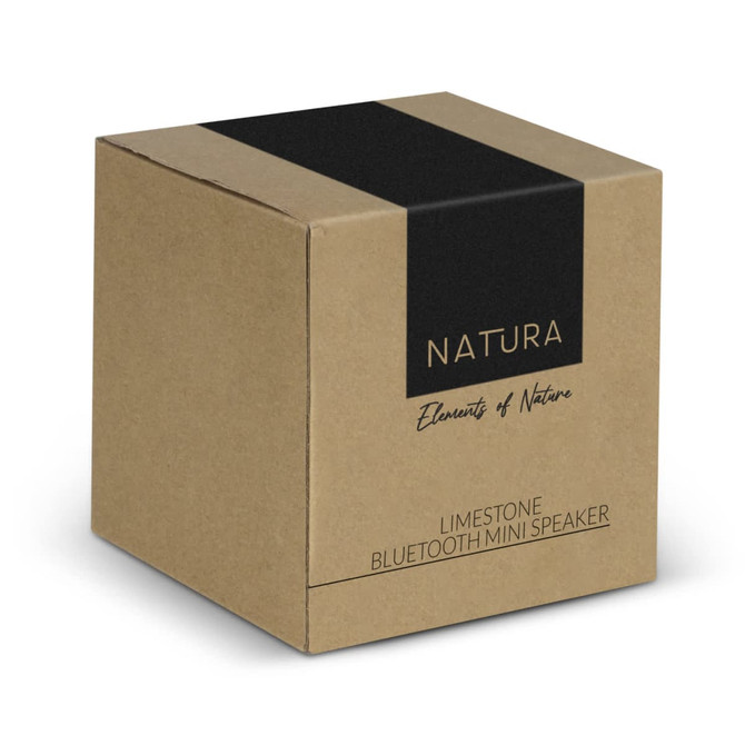 A brown kraft box featuring a black stripe and branding for the NATURA Limestone Bluetooth Mini Speaker.