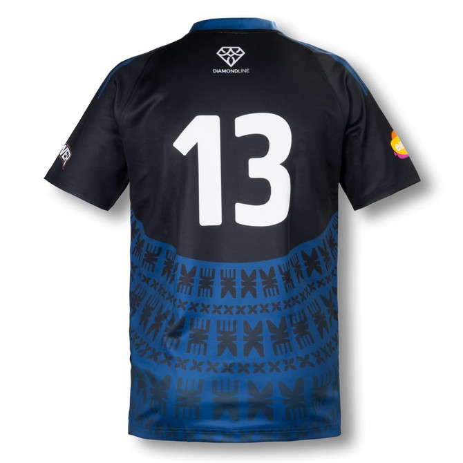 A custom men's rugby performance T-shirt featuring a dark blue and black design with a large number 13 and logo.