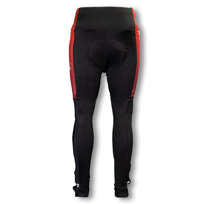 Custom women's cycling pants in black with red accents, featuring a fitted design and a logo.