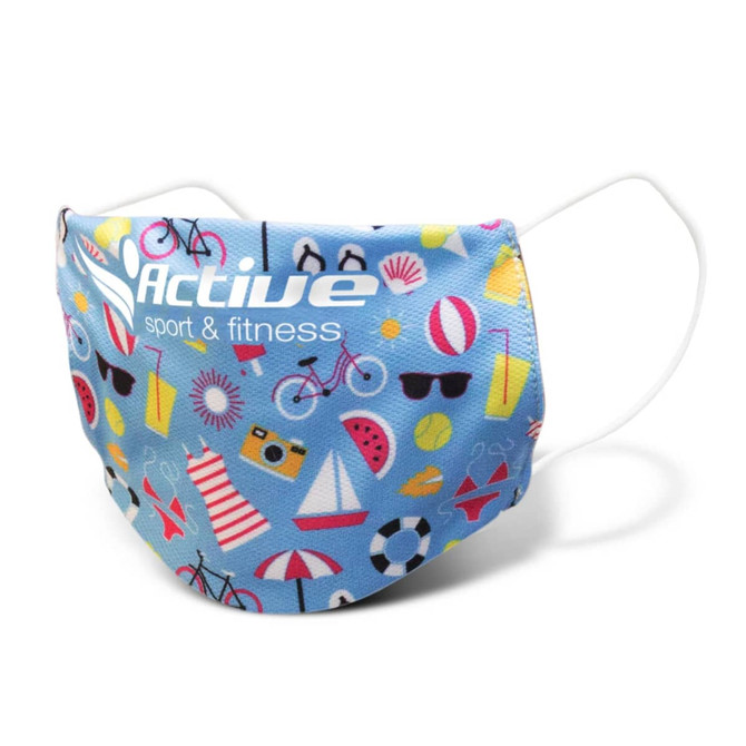 A reusable face mask in blue featuring a playful pattern with various fitness and outdoor icons, along with a logo.