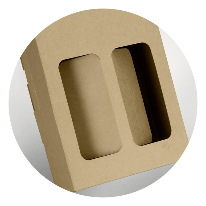 A double wine carry pack in a natural brown colour, featuring two cut-out sections for bottles. The pack has a minimalistic design.