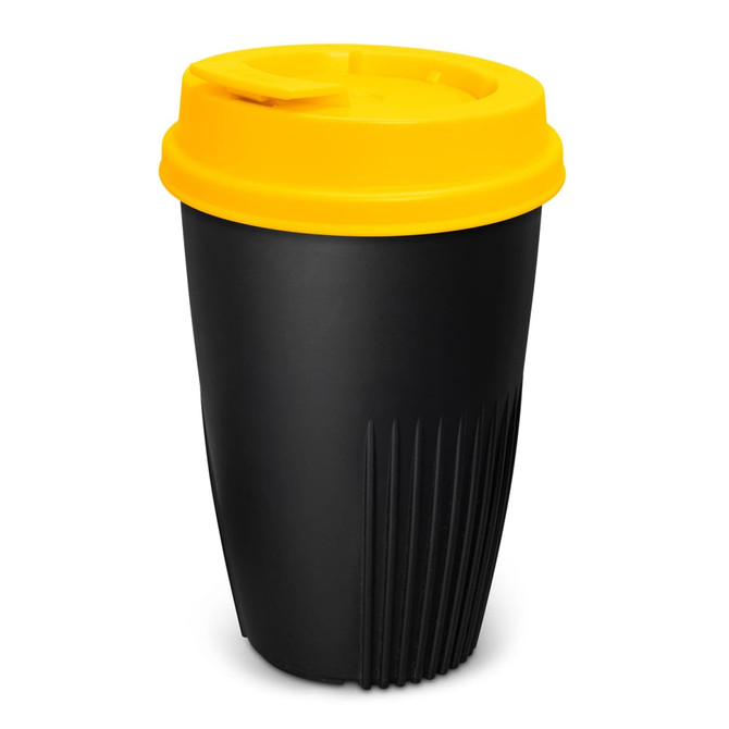 A drink bottle featuring a black body and a yellow lid, designed for convenient use. It includes branding on the surface.