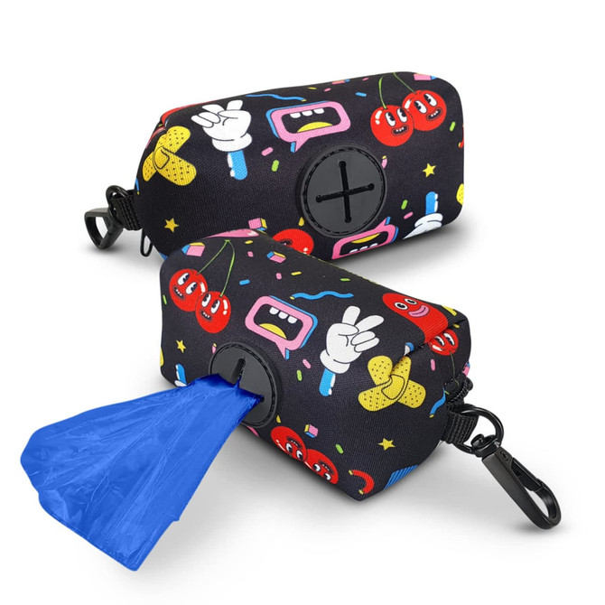 A black pet bag dispenser with colourful cartoon patterns and a blue bag partially pulled out. Features a clip and branding.