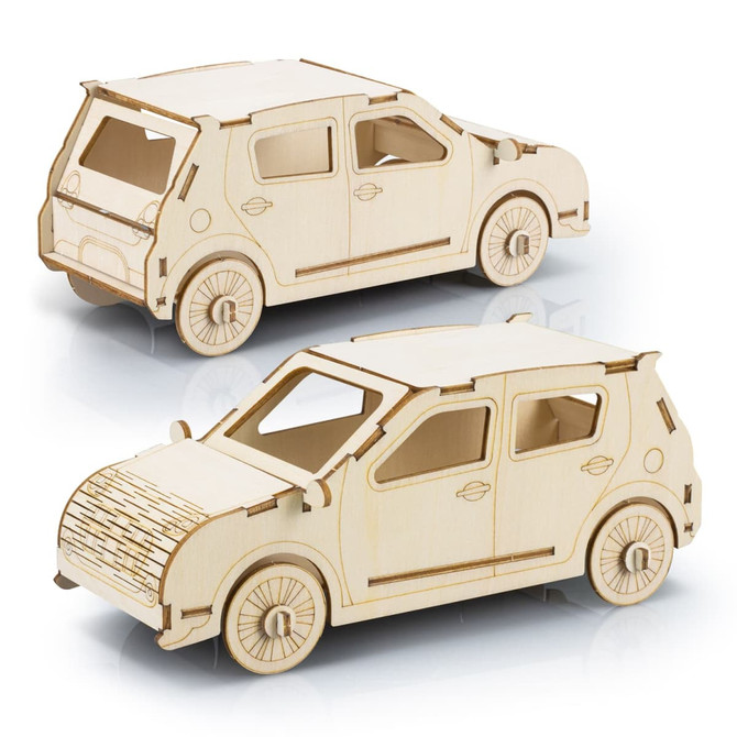 A wooden model of a hatchback car in a light natural finish, featuring intricate cut-out details and wheels.
