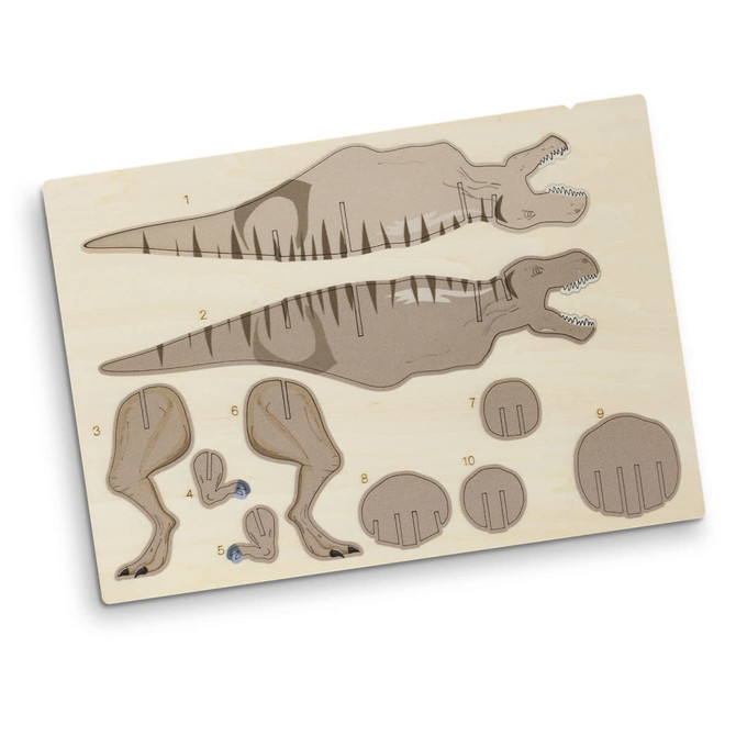 A wooden model kit featuring parts to assemble a Tyrannosaurus Rex in natural wood colour. It includes manintruction pieces.