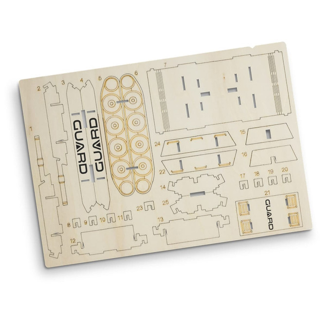 A wooden model kit featuring pre-cut pieces for assembly, showing various shapes and components in a light wood finish.