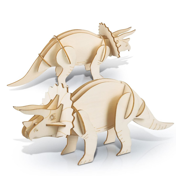 A wooden model of a triceratops in natural wood finish, featuring detailed cutouts and a sturdy design.