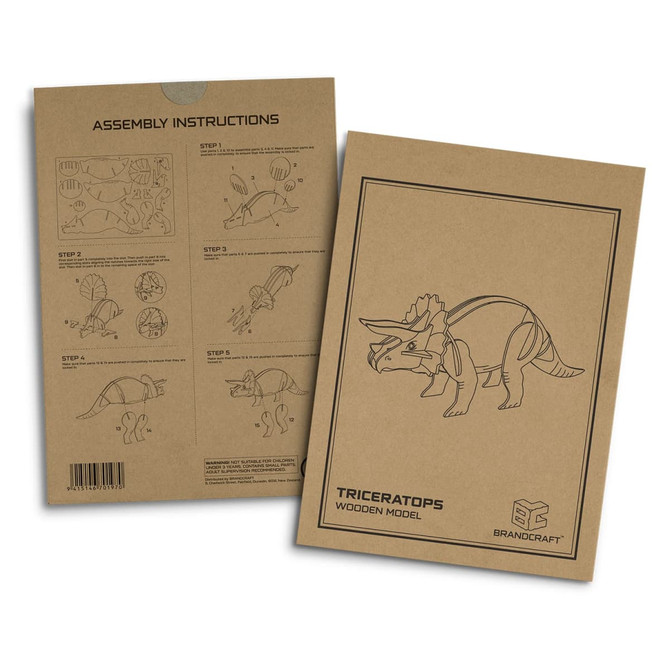 A cardboard packaging featuring assembly instructions for a Triceratops wooden model by BRANDCRAFT, illustrated in black ink.