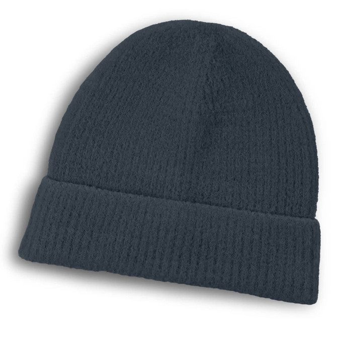 A dark grey brushed beanie for kids with a rolled cuff and a textured design. It has a logo on it.