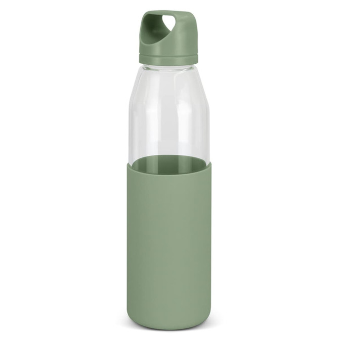 A drink bottle with a clear glass body and a matte green silicone sleeve. It features a green lid and has a logo.