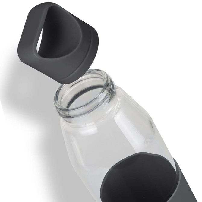 A drink bottle in clear glass with a black silicone sleeve and cap, featuring a logo on the side.
