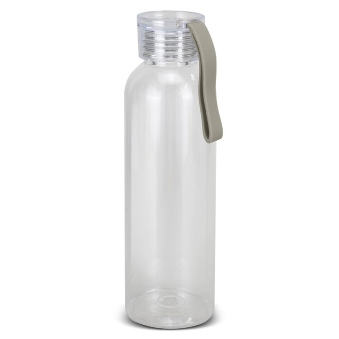 A drink bottle in clear plastic with a grey handle, featuring a screw-on lid and an attached strap.