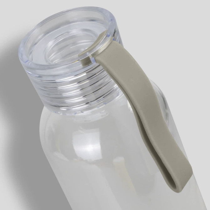 A drink bottle with a transparent body and a grey silicone strap, featuring a fitted lid and an internal drinking spout.