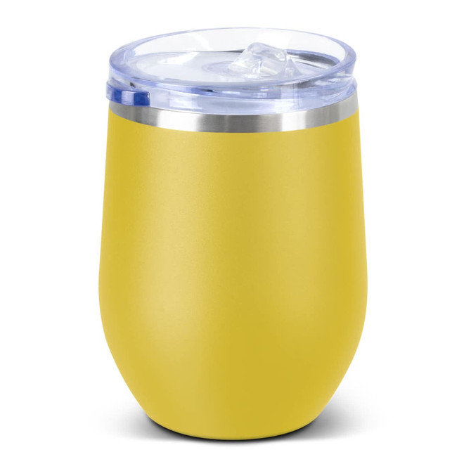 A drink bottle in vibrant yellow with a clear lid and a stainless steel rim, featuring a logo.