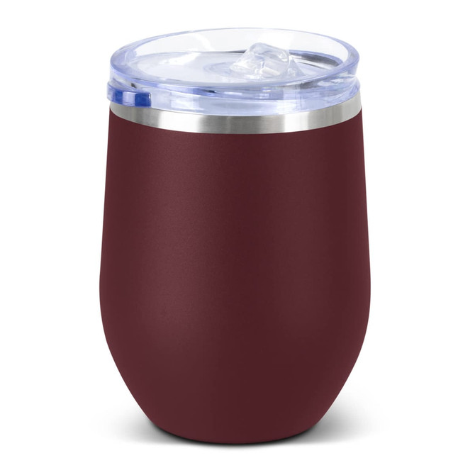 A drink bottle in a deep wine colour with a clear lid and a stainless steel band, featuring a logo.