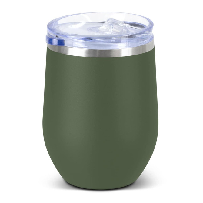 A drink bottle in matte olive green with a clear lid and a silver band, featuring a logo.